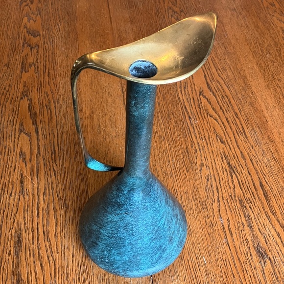 Vintage Mid-Century MCM Pal-Bell Brass Ewer Decanter Vase Made in Israel Green - Picture 9 of 14